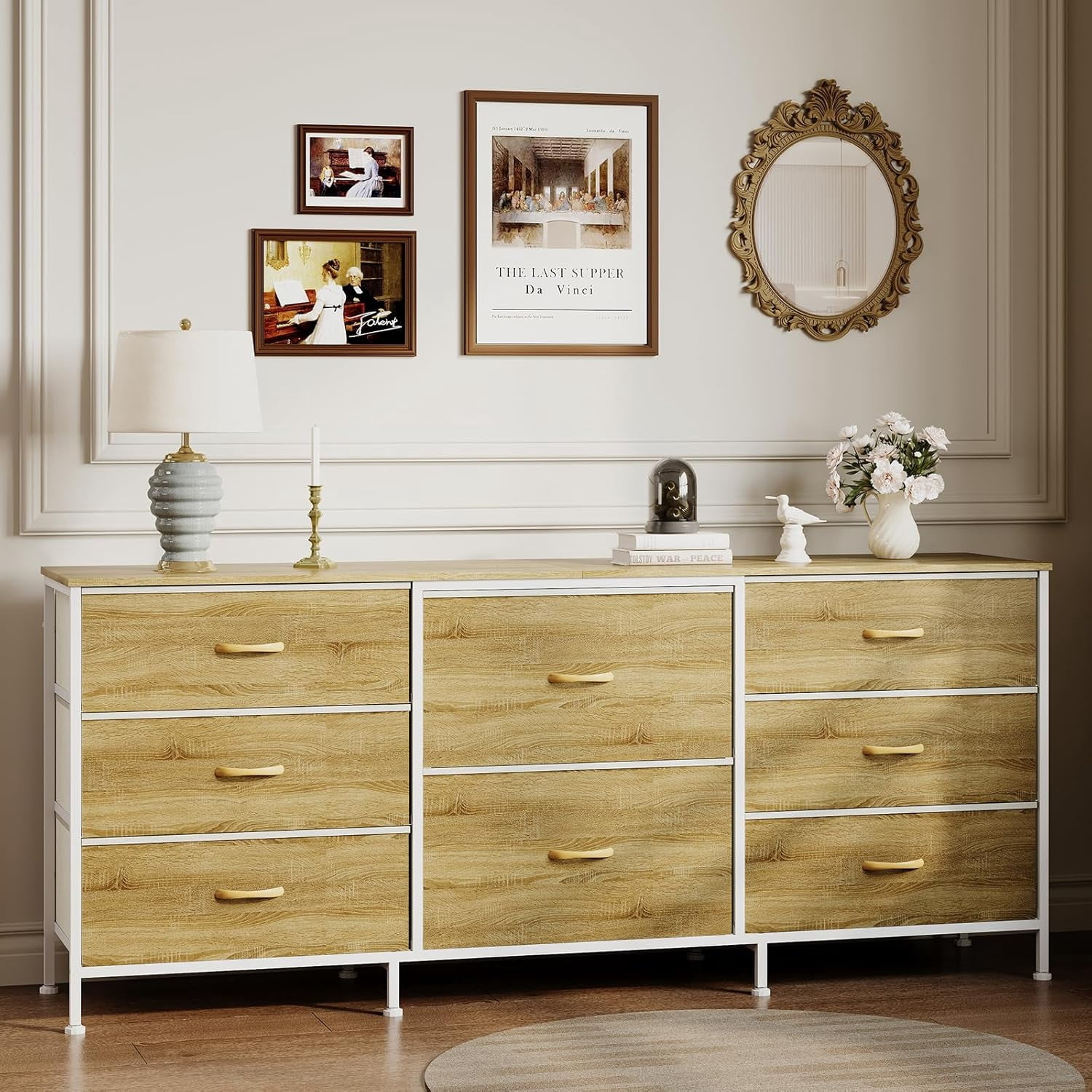 63 Inch TV Stand Dresser for Bedroom, 8 Fabric Drawers, for 65 70 75 Inch TV, Entertainment Center with Storage Media TV Console Table