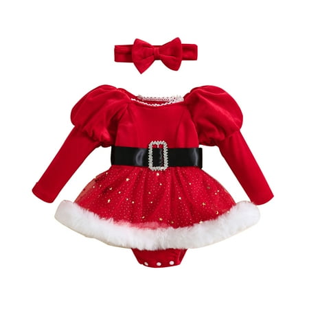 

MAI Baby Girls Rompers Dress Christmas Clothes Patchwork Sequins Stars Moon Skirt Hem Long Sleeve Toddler Bodysuits with Headband