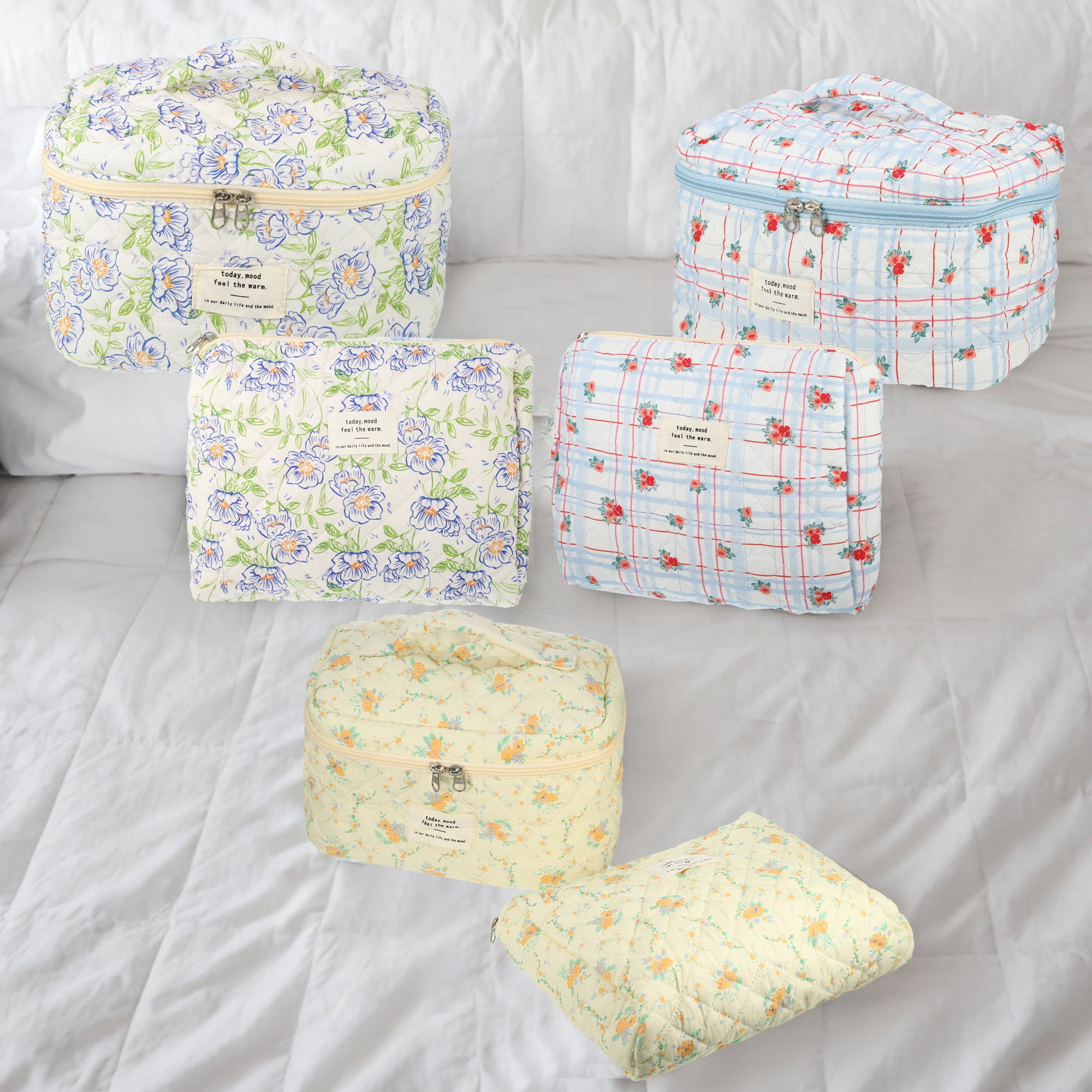 Unique Bargains 2Pcs Large Capacity Travel Cotton Quilted Toiletry Bag Beige, Blue