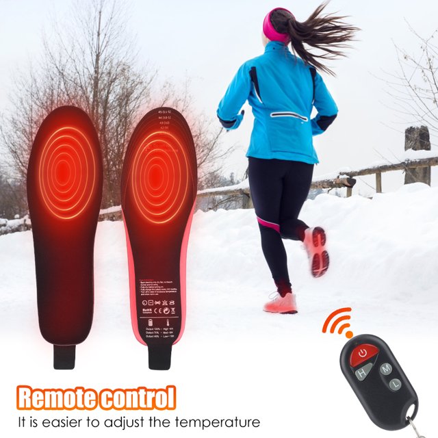 SINMI rechargeable heated insoles with precise temperature control and remote control, designed for sizes 8-11. These ultra-lightweight electric heated insoles are ideal for outdoor activities like fishing. The image shows two insoles with visible heating zones glowing red, alongside a remote control for easy temperature adjustment. A person is seen running in a snowy outdoor setting, emphasizing the product's suitability for cold weather use.