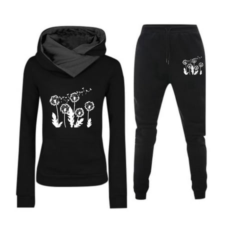 Womens Two Piece Outfits Casual Sweatsuits Solid Tracksuit Jogging Sweat Suits Matching Jogger Hoodie Pants Set  Black XL