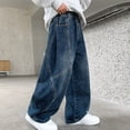 thumbnail image 4 of Spazoro Boys Denim Pants with Pockets, Loose Fit Elastic Waist Solid Color Heavyweight Wide Leg Seam Detail Baggy Jeans Street Bottoms Blue Size 14-15, 4 of 7