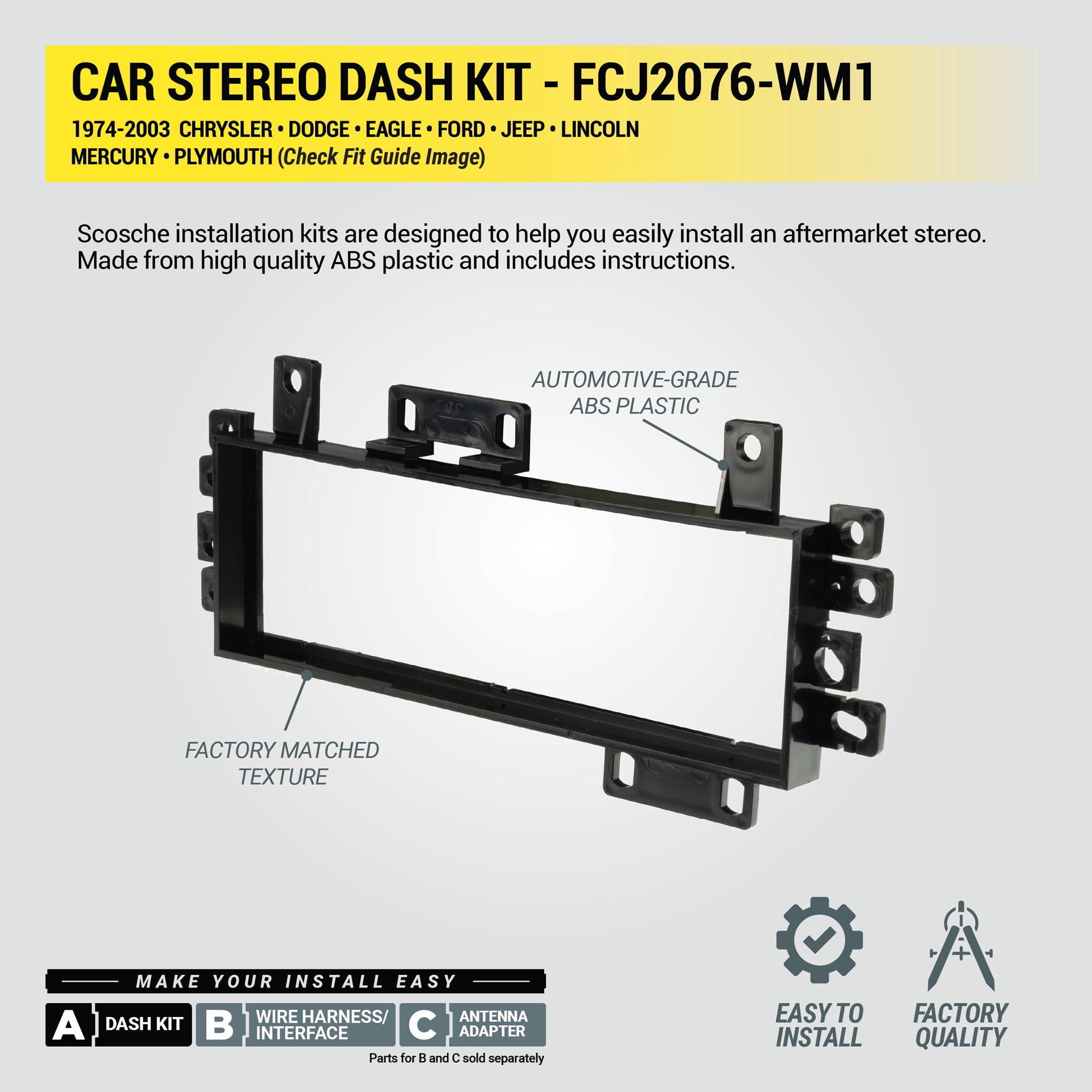 Scosche FCJ2076-WM1 Single DIN Dash Kit, Fits 1974-2003 Domestic