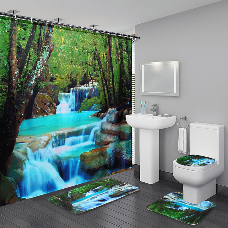 Waterfall Printing Bathroom Shower Curtain Toilet Cover Mat Non-Slip Rug Set US