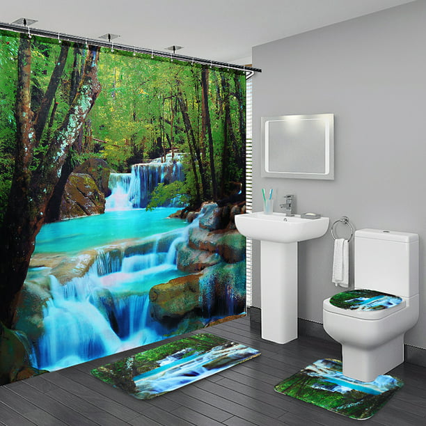 4PCs Shower Curtain Waterproof Fabric Bathroom Set With Hooks Waterfall ...