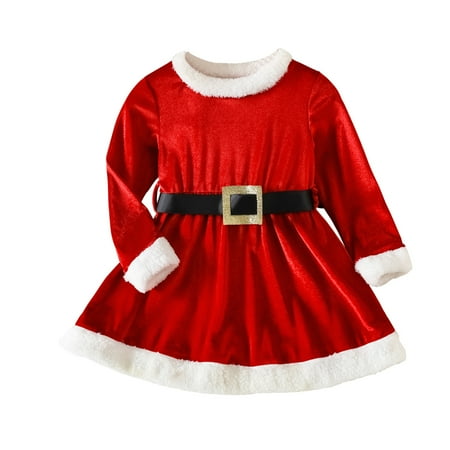 

GWAABD Spring Dresses Girls Red Cotton Spandex Toddler Kids Baby Girl Outfit Xmas Dress Long Sleeve Velvet Princess Dresses with Belt Santa Clothes Set 100