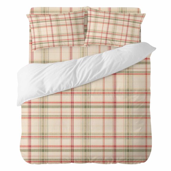 Duvet Cover Set Queen Size 4 Pieces, Winter Christmas Classic Plaid Comforter Cover Soft Bedding Sets, Retro Red Green Line Bed Set Include 1 Duvet Cover, 2 Pillow Shams, 1 Bed Sheet for All Season