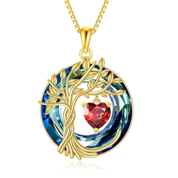 YAFEINI Tree of Life Necklace 925 Sterling Silver Birthstone Pendant Necklaces with Crystal Anniversary Birthday Wedding Jewelry for Wife Sister (18K Gold Plated-Blue Crystal, 01-Jan-Garnet)