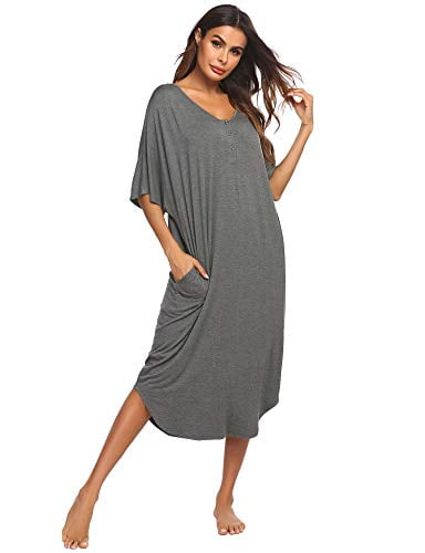 Ekouaer Womens Sleepwear Casual V Neck Nightshirts Short Sleeve Long Nightgown S-XXL