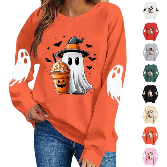 TKLPEHG Womens Halloween Sweatshirt 2026 Funny Cute Witch Hat Ghost Coffee Cup Graphic Long Sleeve Pullover Crewneck Comfy Holiday Tops Fall Clothes (Beige,L)