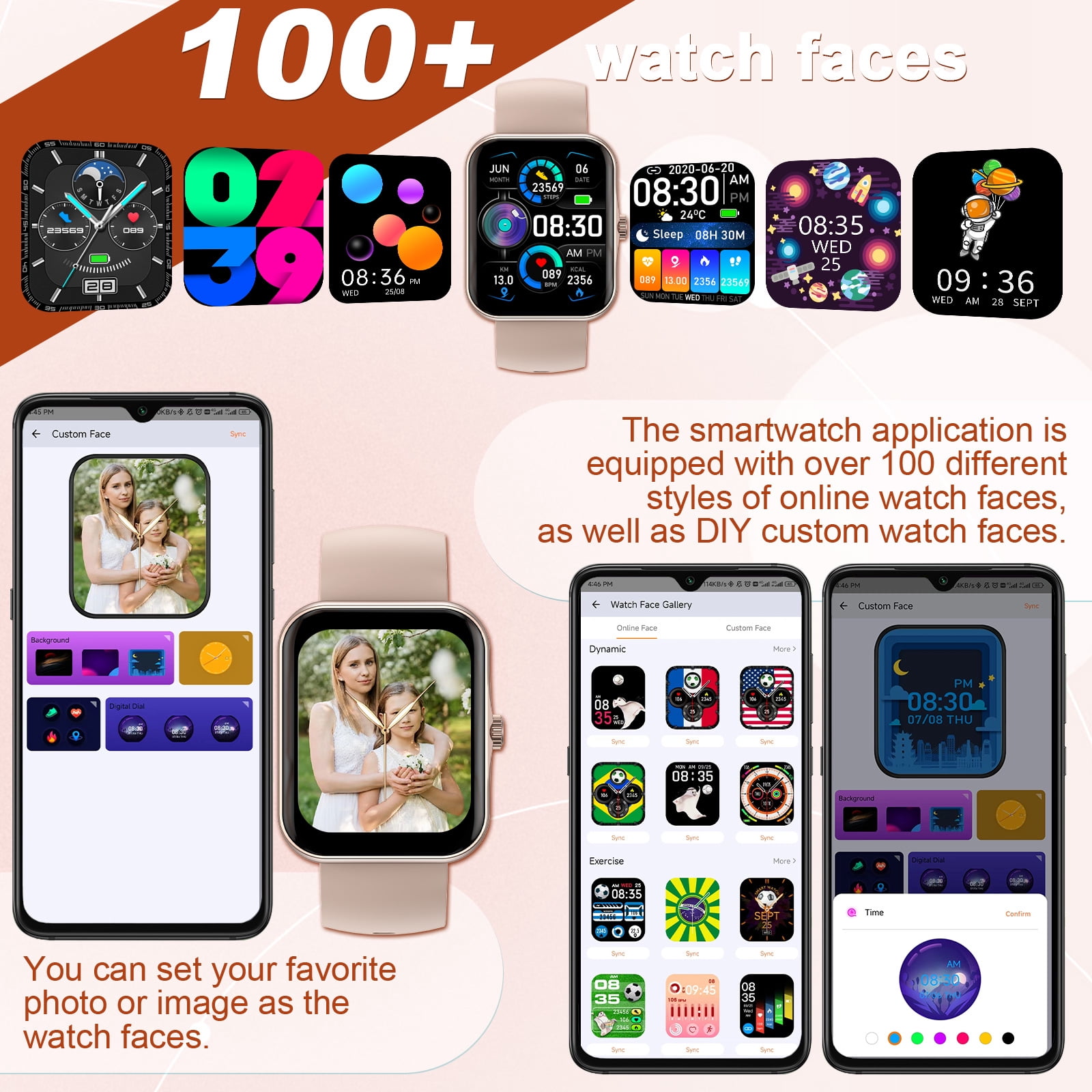 PTHTECHUS 1.83'' Smart Watch for Kids Sport Smartwatch with 37 Sports Modes DIY Watch Touchscreen Phone Calls Music Calculator Excellent Gift for Teenage(Gold)