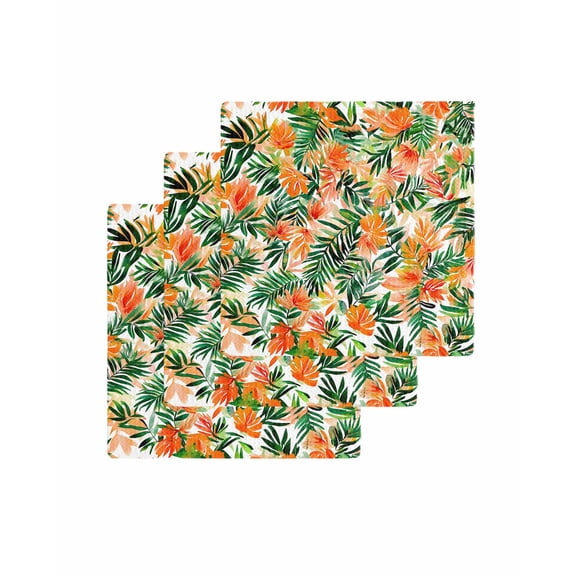 Orange Green Tropical Leaves Kitchen Dish Towels for Drying Dishes Set of 3, Summer Palm Floral Waffle Weave Microfiber Terry Hand Tea Bathroom Towels Quick Dry & Absorbent Towel 12x12