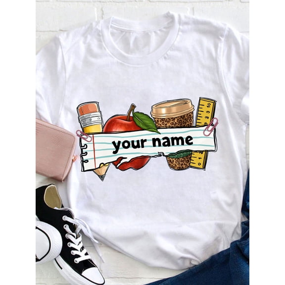 Personalized Teacher Name Graphic T-Shirt for Women, Custom Educator Apple Coffee Pencil Print Crew Neck Tee, Soft 100% Cotton Casual Short Sleeve Top, Back to School Teacher Appreciation Gift
