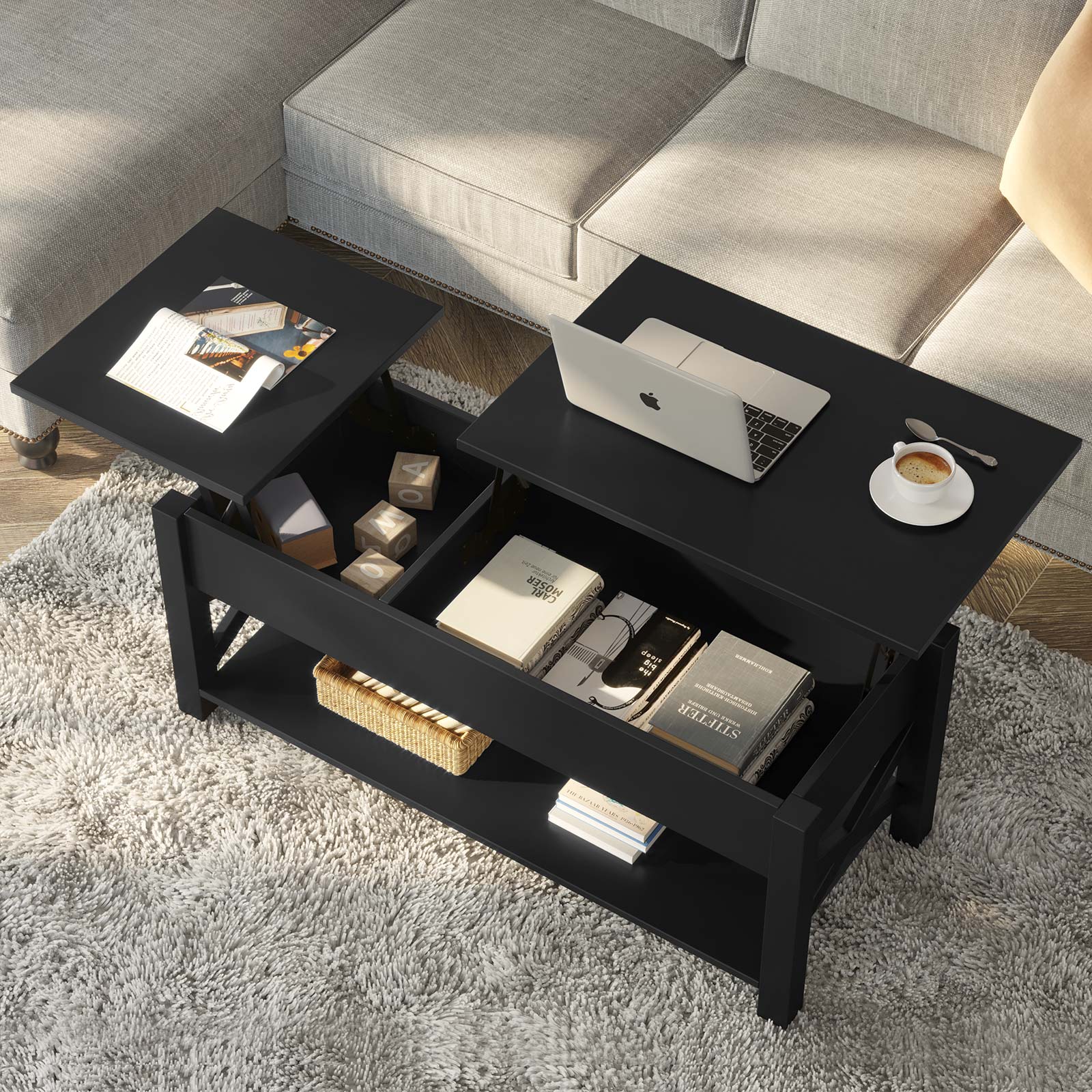 Greenstell Lift Top Coffee Table 47.2" with Storage Drawers and Hidden Compartment,Black