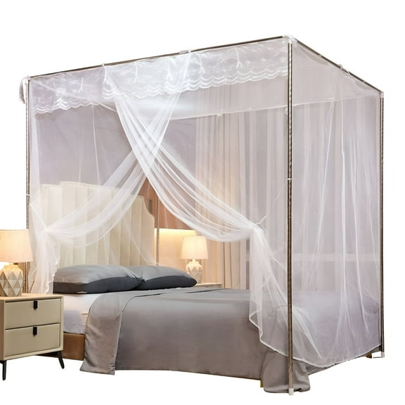 LAMIRO Canopy Bed Curtains,4 Corner Post Lace Trim Princess Bed Canopy,Mosquito Net for Adult Kids Bedroom