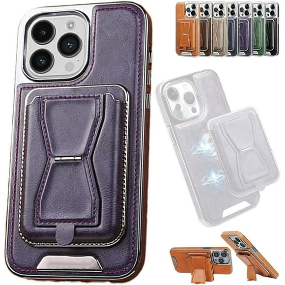 Symmetry Funda de cuero de lujo para teléfono con cinta magnética extraíble, funda de cuero para teléfono con tarjetero, funda de carga magnética inalámbrica para iPhone 15 14 13 12 Pro Max (púrpura,