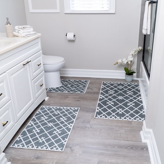 Geometric Design 3 Piece Bathroom Rugs Set - Non-Slip Ultra Thin Bath Rugs for Bathroom Floor - Washable Cotton Bathroom Mats Set