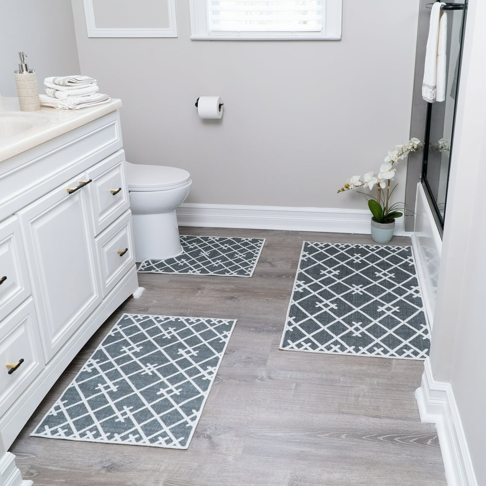 SussexHome Geometric Design 3 Piece Bathroom Rugs Set NonSlip Ultra