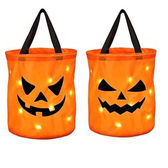 Fdyrgv 2 Pcs Light Up Halloween Trick or Treat Bucket, LED Glowing Pumpkin Candy Bucket for Kids, 12x10 inch Reusable Collapsible Halloween Treat Bags, Orange Halloween Party Goodie Bags
