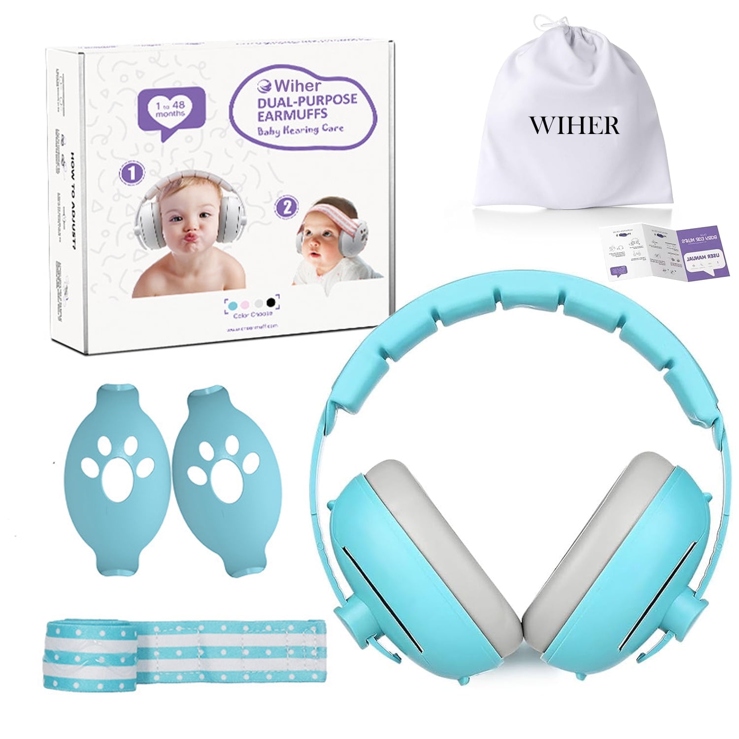 Wiher 2-in-1 Baby Ear Muffs Noise Protection, Adjustable Baby Headphones with Stretchy Band, Noise Cancelling Headphones for Baby & Toddler up to 4 Years, Baby Airplane Essentials/Outdoor Blue