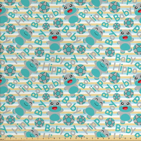 Ambesonne Cartoon Fabric by the Yard Upholstery, Hippo Pattern Funny Animal, 2 Yards, Dark Seafoam Grey
