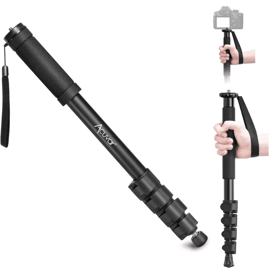 Acuvar Adjustable 62' Inch Monopod with Integrated Safety Strap and 4 Section Extending Pole Aluminum for All Digital Cameras, DSLR, Mirrorless, Compact Cameras and Camcorders