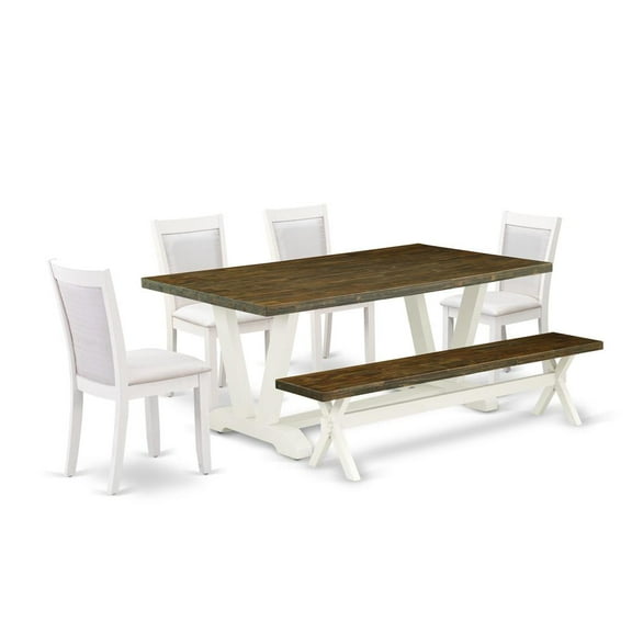 East West Furniture 6-Pc Dinner Table Set Contains a Wood Table - 4 Cream Linen Fabric Dining Chairs with Stylish Back and a Wood Bench - Wire Brushed Linen White Finish