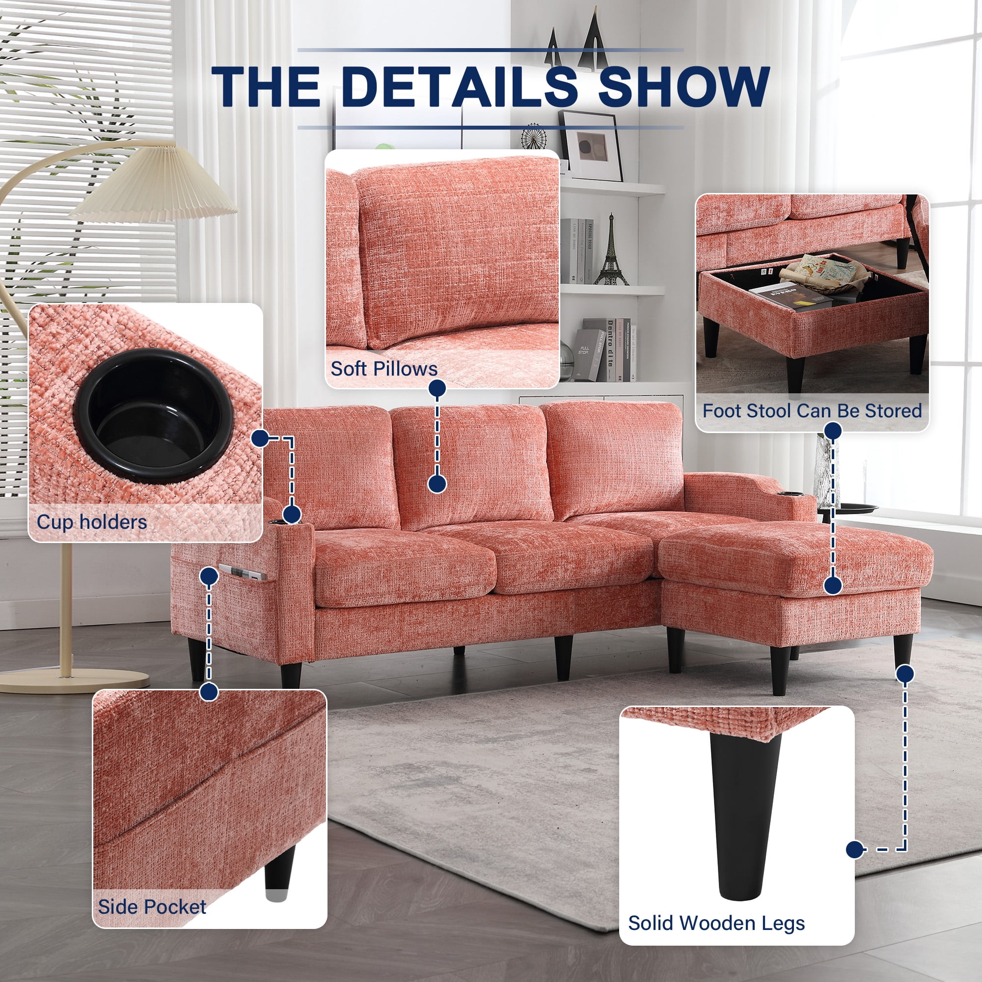 MOONMISS Chenille Upholstered L-Shaped Living Room Sofa with Storage Ottoman-Pink