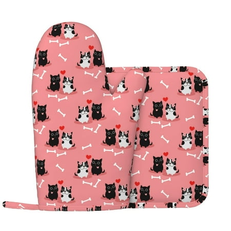 

Pink Cute Couple Cats Love Bones Oven Mitts and Pot Holders Sets with 1 Non-Slip Left Silicone Oven Mitts and 1 Heatproof Insulated Hot Pads for Kitchen Use in Cooking Baking Grilling