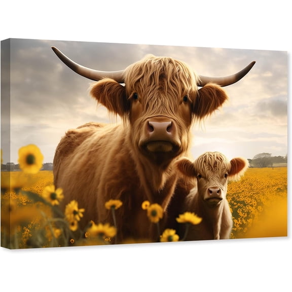 ZHONGYUTONG Highland Cow Canvas Farmhouse Cattle Wall Art Rustic Sunflower Cow Picture Yellow Flower Painting for Bathroom Decor Framed (12.00" x 18.00")