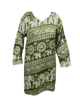Mogul Women's Ethnic Tunic Dress Animal Print Rayon Green Kurti Kurta Summer Clothing