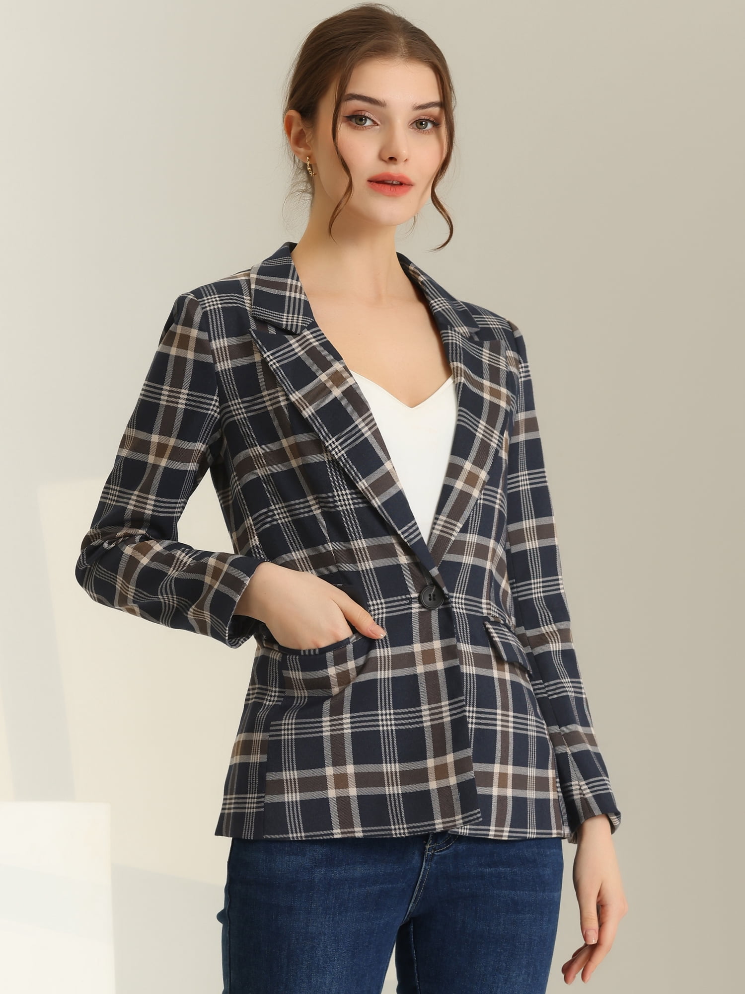 DARING DIVA Women's Boyfriend Notched Lapel One Button Blazer Suit Plaid Blazer Jacket S Dark Blue