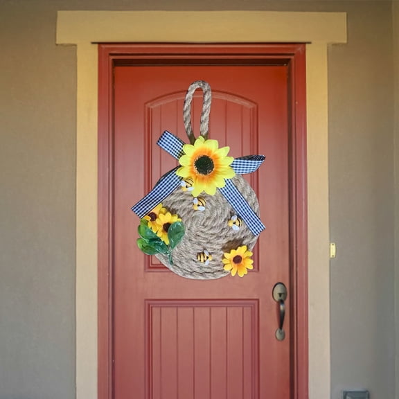 Spring Wreath, Wreaths for Front Door, Bee Festival Artificial Rope Wreath, Country Style Farmhouse Decor for Spring, Artificial Bee Festival Door Hanging with Checkered Bow 1Pcs