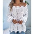 thumbnail image 6 of Women'S Solid Color Openwork Long-Sleeved Sweater, Off-Shoulder Knit Pullover White L, 6 of 10