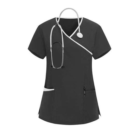 Ladies Short Sleeve T Shirt Tunics Scrubs Uniforms Tops - Women's Lightweight Stretchy Scrubs Tunic T-Shirt for Work Short Sleeve V-Neck Shirt with Pockets Black 3XL