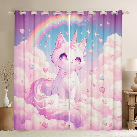 Manfei Chic Pet Cat Blackout Curtains Set of 2 (52x84 Each),Fairy Tale Theme Window Curtains,Colorful Loves Flowers Curtains and Drapes For Girls,Microfiber Bedroom Decor