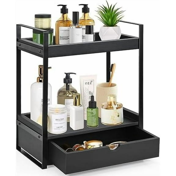 2-Tier Bathroom Organizer Countertop with Drawer, Wood Counter Shelf for Storage, Vanity Tray for Organization and Decor, Countertop Organizer for Bathroom, Kitchen, Office (Black)