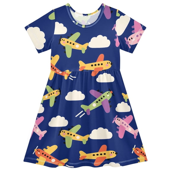 Airplane Dark Pattern Girls Short Sleeve Dress A Line Sun Protection Breathable Comfort Sundress 2T