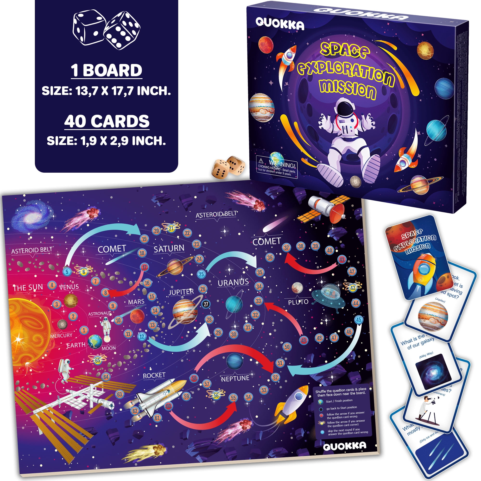 Quokka Learning Board Games for Kids 6-8 - Educational Trivia Cards Ages 8-12 - 3X Set World USA Map & Space