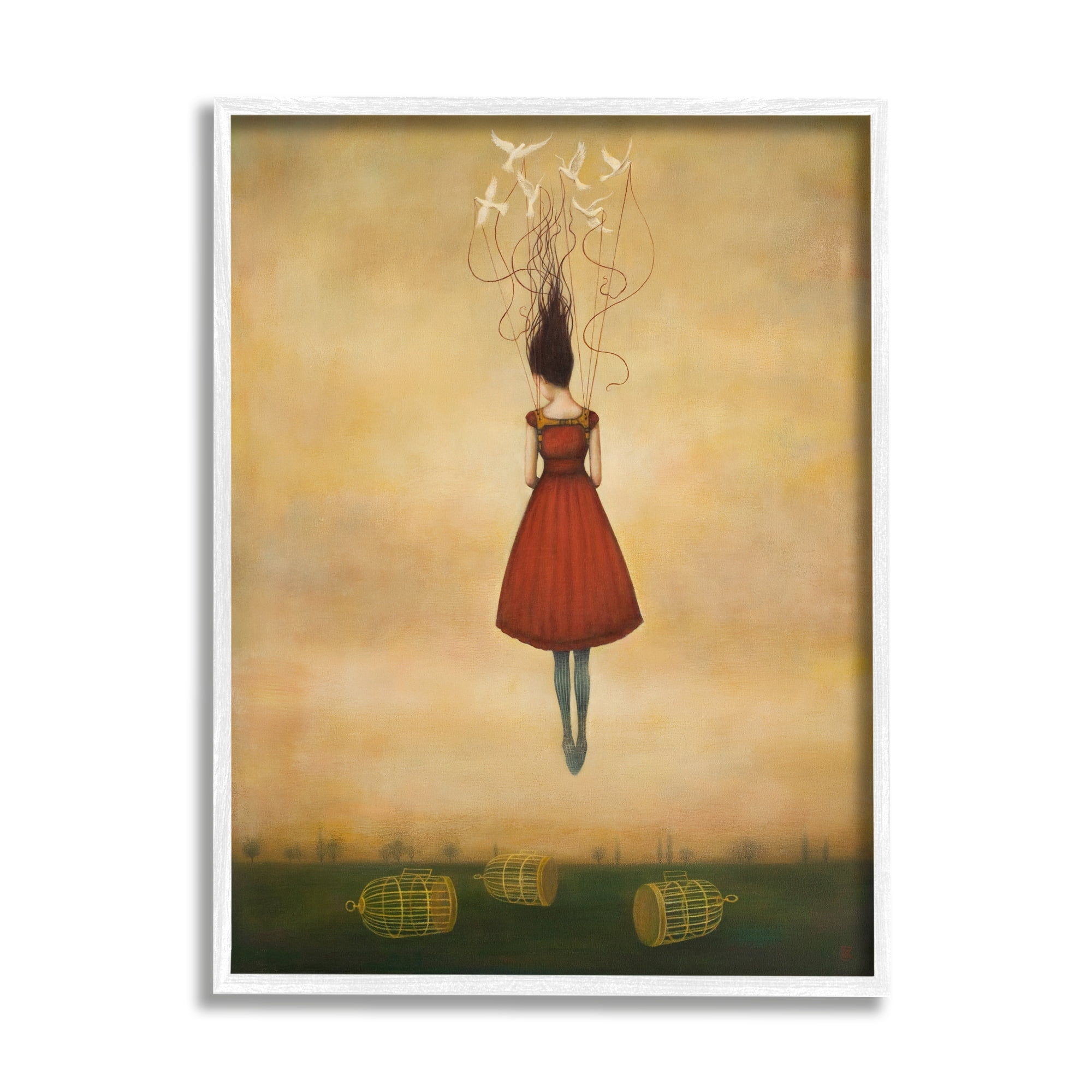 Stupell Industries Woman Floating Birdcage Doves Red Dress Surreal Design Framed Wall Art, 11 x 14, Design by Anna Dittman