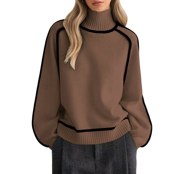 Female Mock Neck Pullover Sweaters Casual Fall Winter Long Sleeve Color Block Loose Knitted Tops Brown S