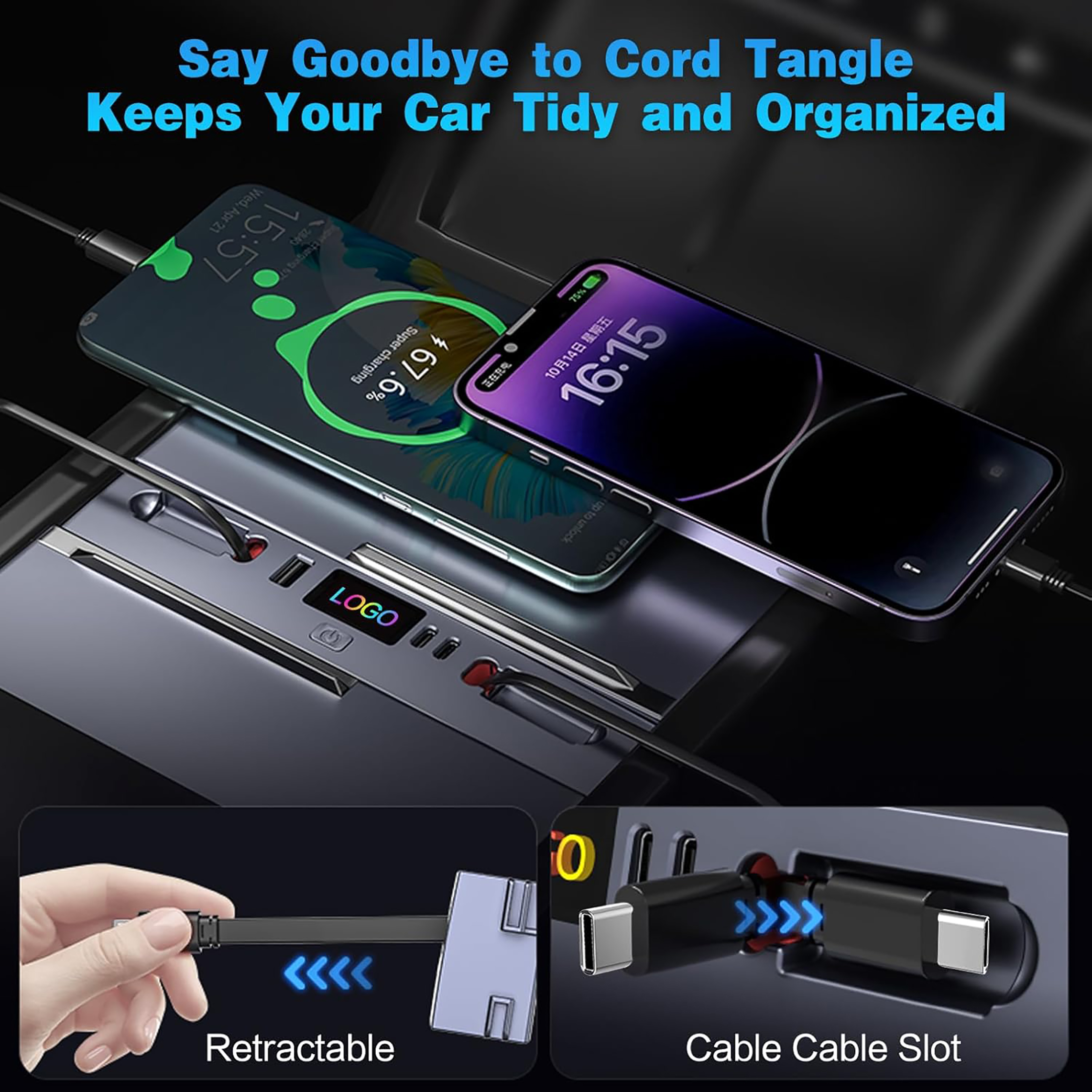 Car USB Charger Hub for 2025 2026 Tesla Model Y Juniper/2024 2025 Model 3 Highland, Retractable Fast Car Phone Charger, 5 Port Tesla Center Console Accessories (Retractable Type C & Type C)