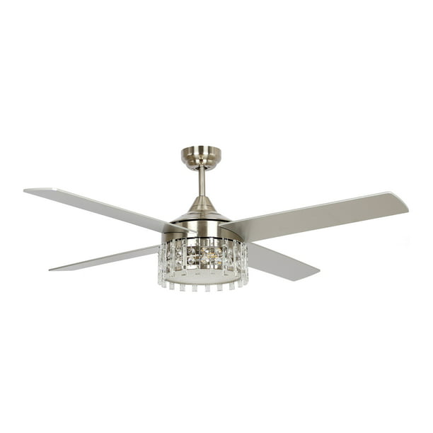 Indoor Ceiling Fan With Lights 52 Inch, Modern Crystal Ceiling Fan With Remote Control Satin Nickel White