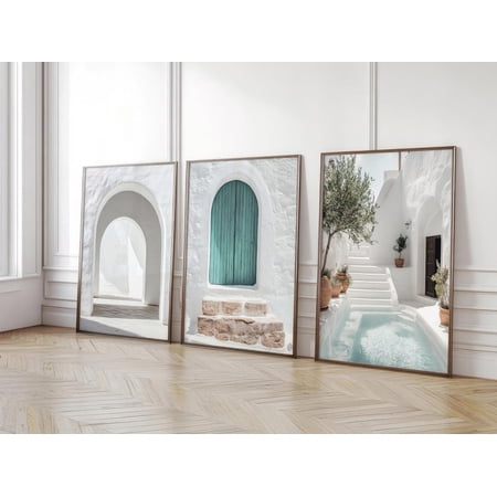 UNFFRAMED Mediterranean Architecture Poster Set, Santorini Wall Art, Azure Green Set 3 Prints 12x18