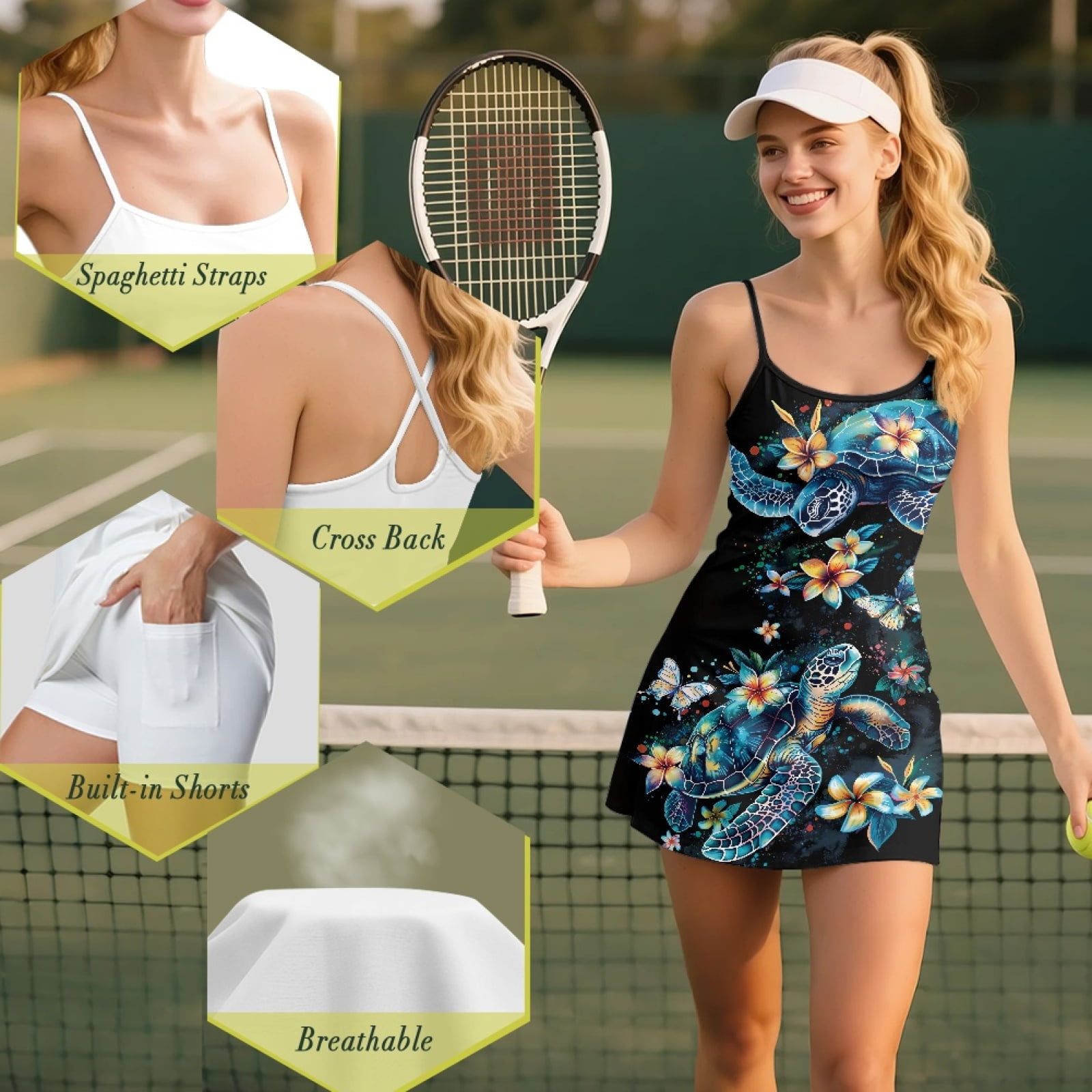Yuyamidu Boho Sea Turtle Womens Tennis Dress Built in Shorts Hibiscus Spaghetti Straps Exercise Workout Dress with Pocket Slim Fit Golf Athletic Dresses Size XS