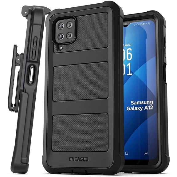 Encased Falcon Designed for Samsung Galaxy A12 Belt Clip Case, Full Body Protective Phone Case with Holster (Black)