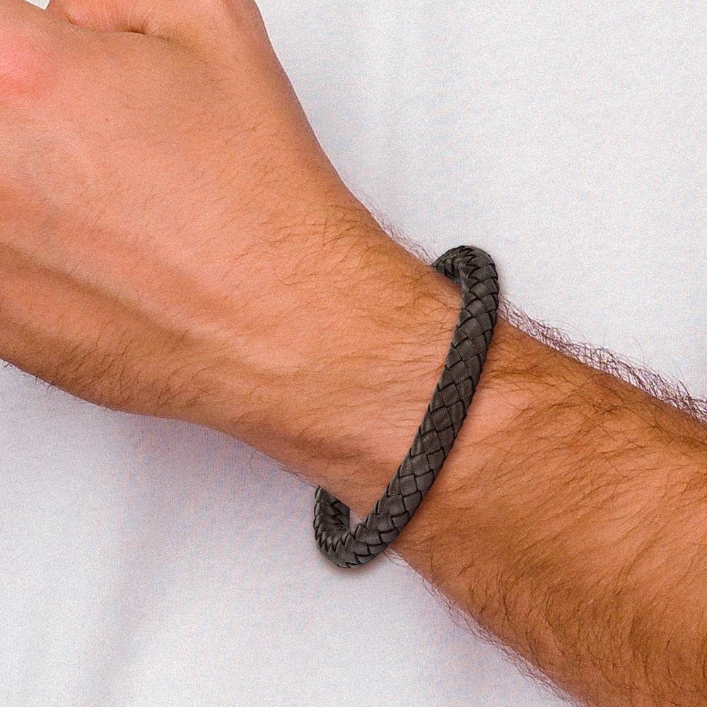 Diamond2Deal Stainless Steel Brushed Brown Braided Leather Bracelet for Men 8.25"