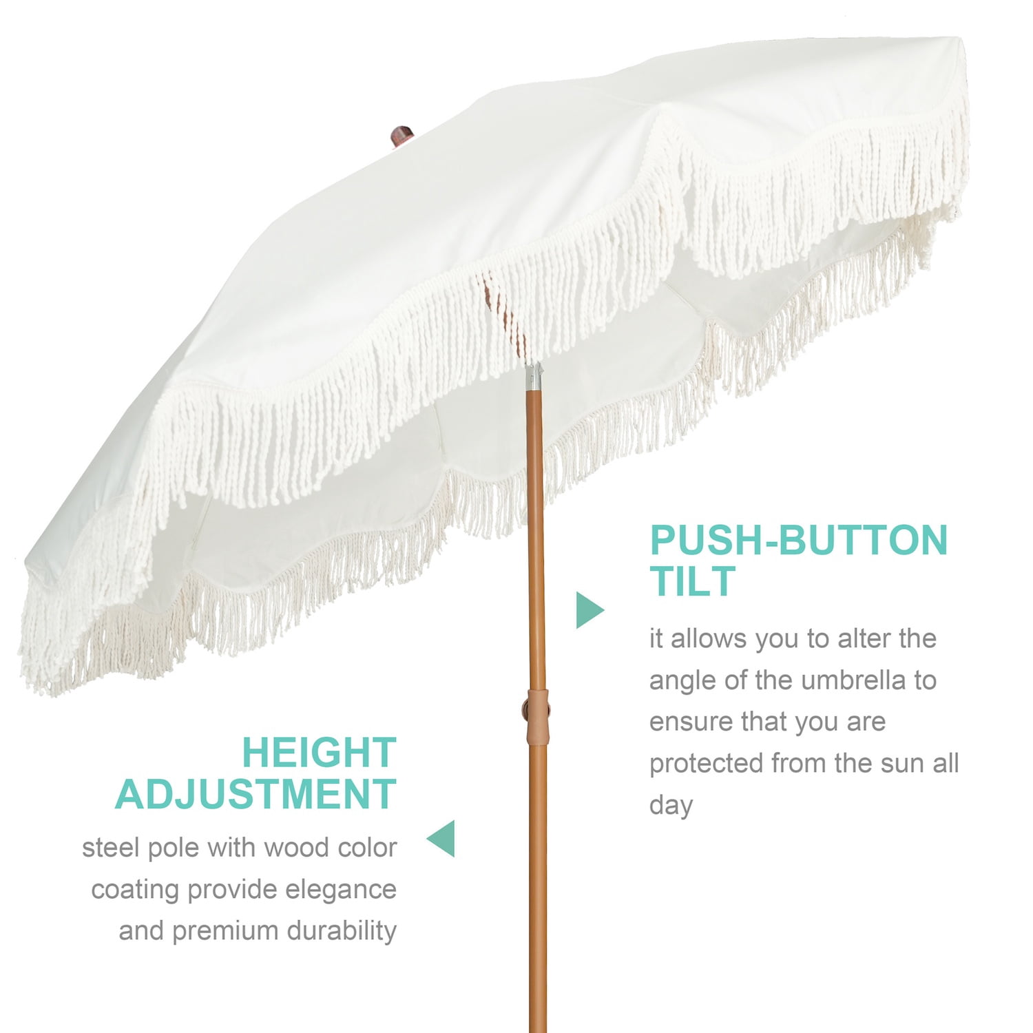 AMMSUN 6.5ft Patio Umbrella UPF50+ with Boho Fringe Tassel Tilt Pole for Outdoor Picnic,Cream White