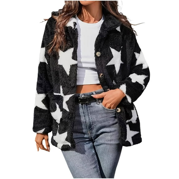 Perfectbot Cute Sherpa Fleece Jacket for Women - Star Print Open Front Fluffy Winter Outerwear