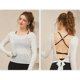 thumbnail image 4 of Women's Open Back Long Sleeve Sheer Workout Crop Top Stretchy Breathable Tie Back Strap Slim Fit Cover Up T-Shirt White L, 4 of 4